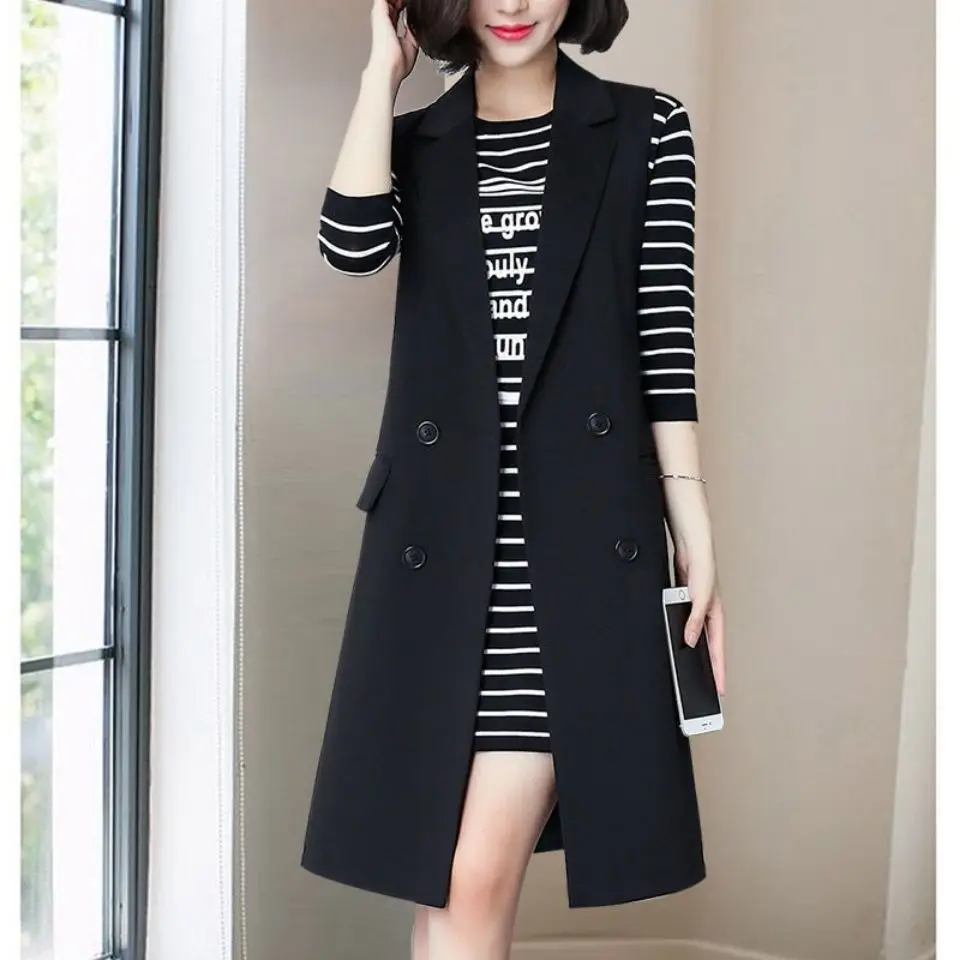 

202 New Women's Suit High Quality Casual Long Jacket Ladies Office Sleeveless Jacket Female Solid Color Slim Waistcoat Coat H511