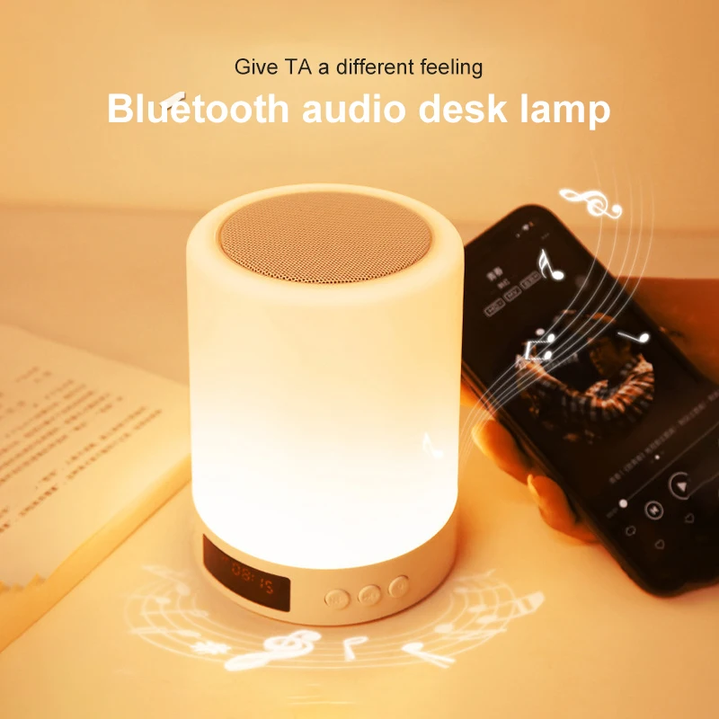 Powerful Subwoofer Bluetooth Speaker LED Night Light Touch Sensor with BT Rechargeable Dimmable Table Lamp for Bedroom Office