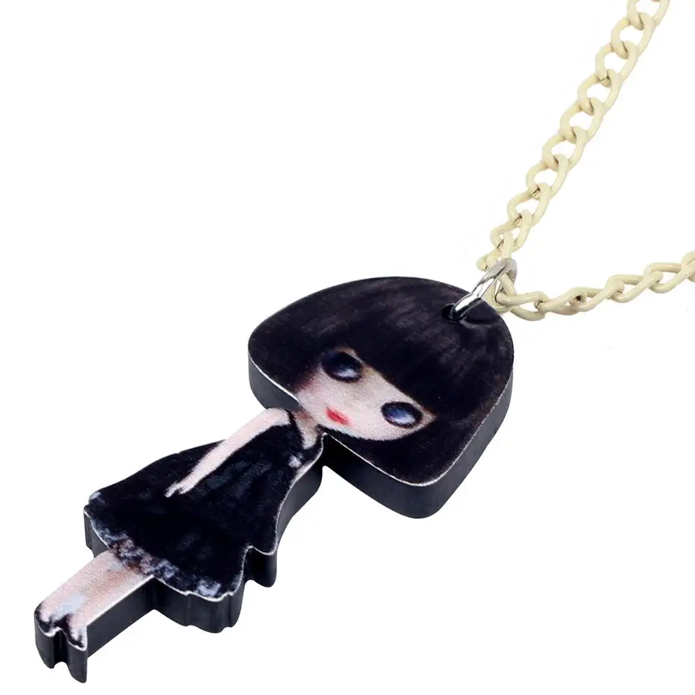 Bonsny Acrylic Black Short Hair Dress Girl Doll Necklace Pendant Choker Fashion Jewelry For Girls Lady Teen Charms Gift 2019 Hot