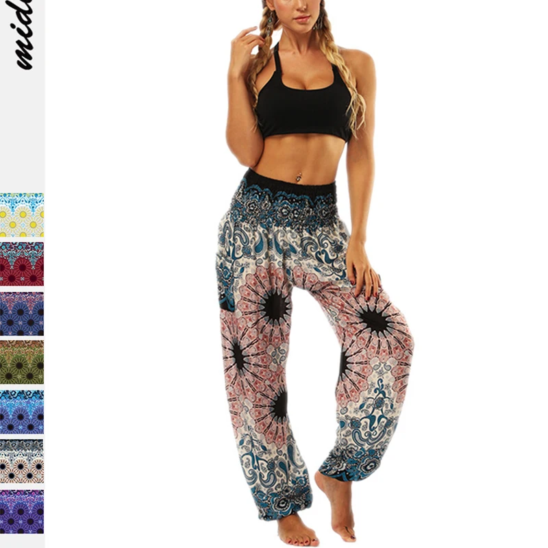 Fashion 2024 Women Thailand Print Yoga Fitness Indian Dance Costume Bohemian Bloomers Femme Wide Leg Harem Pants Loose Trousers