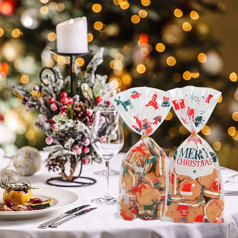 Transparente Plastic Christmas Gift Bag, Xmas Home Presents, Cookies Embrulho Sacos, Loja Venda, 50Pcs