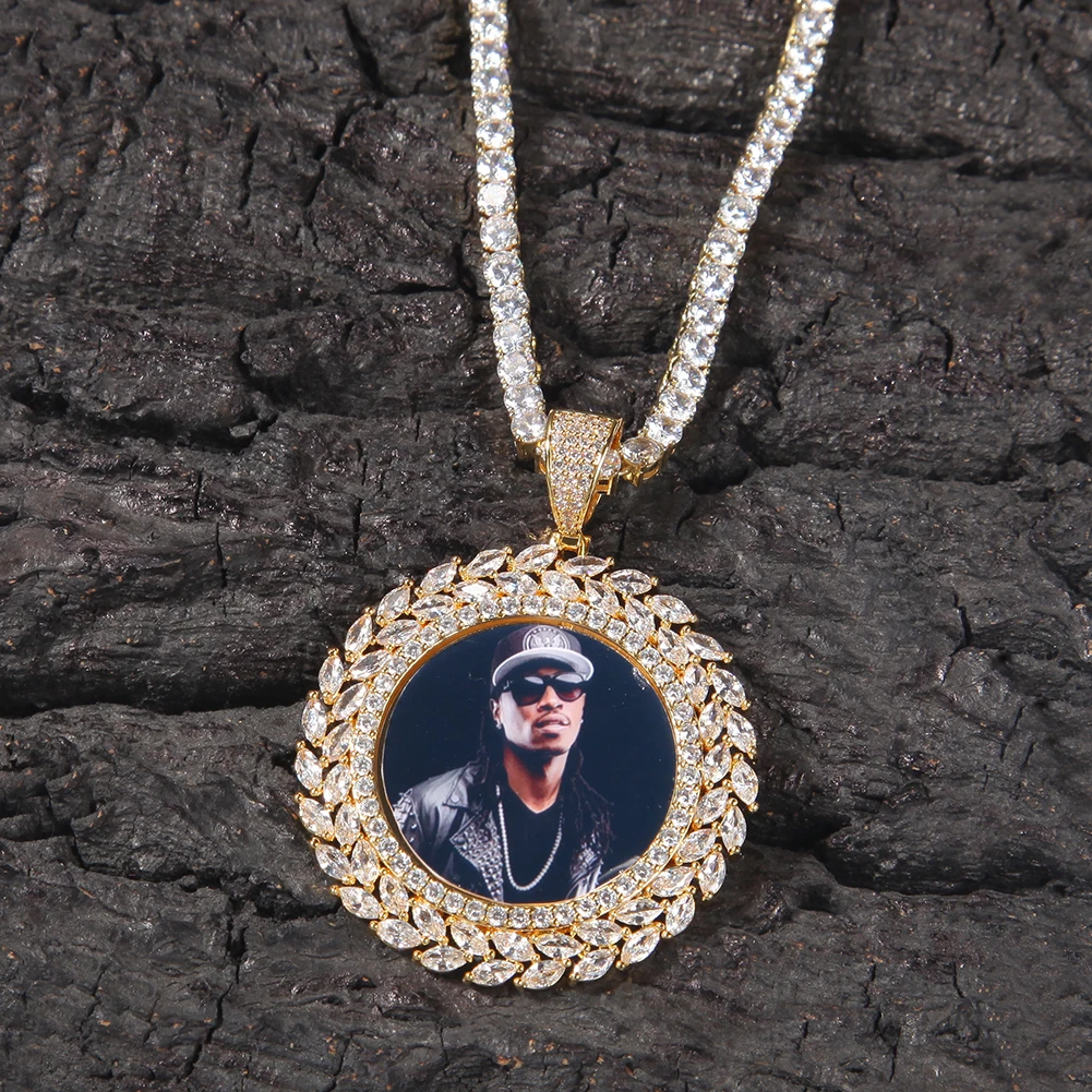 THE BLING KING DIY Photo Pendant Around Wheat Ears Full Iced Out CZ Picture Pendant Engrave Name Fashion Memory Jewelry For Gift
