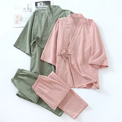 3Colors Pajamas Japanese Kimono Yukata Set Men Women Summer Cotton Plaid Short Sleeve Loose Bathrobes Couple Lover Sleepwear