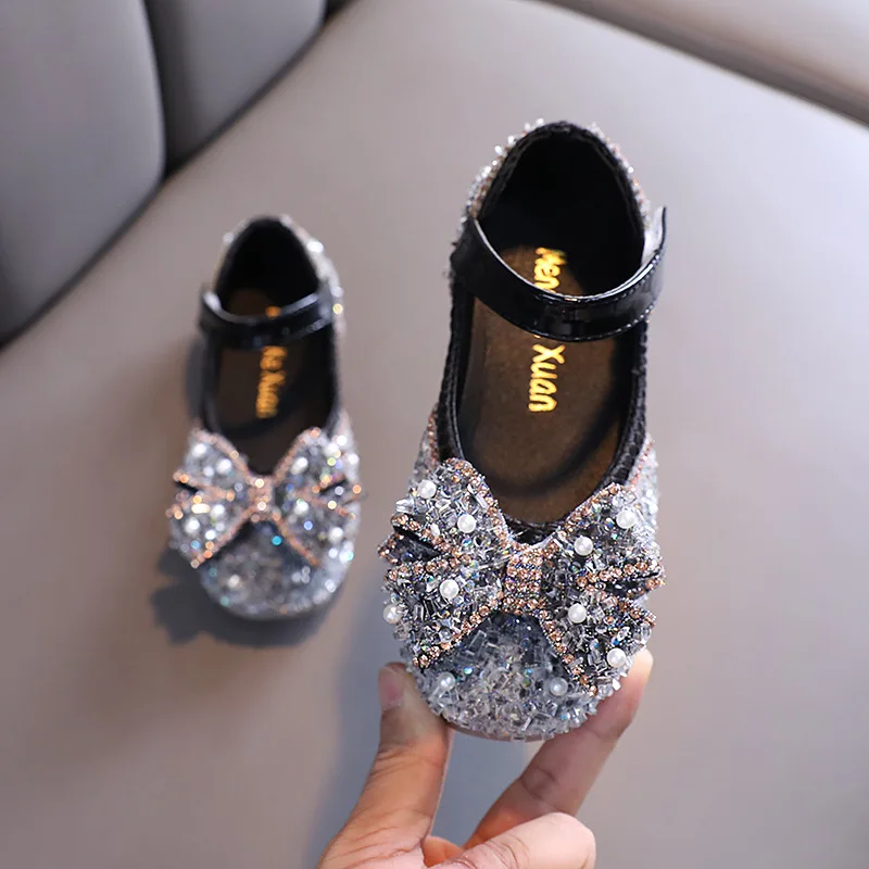 Girls Bow Leather Shoes Princess Sequin Rhinestone Children Dance Shoes Spring Autumn Kids Soft Single Shoes G47