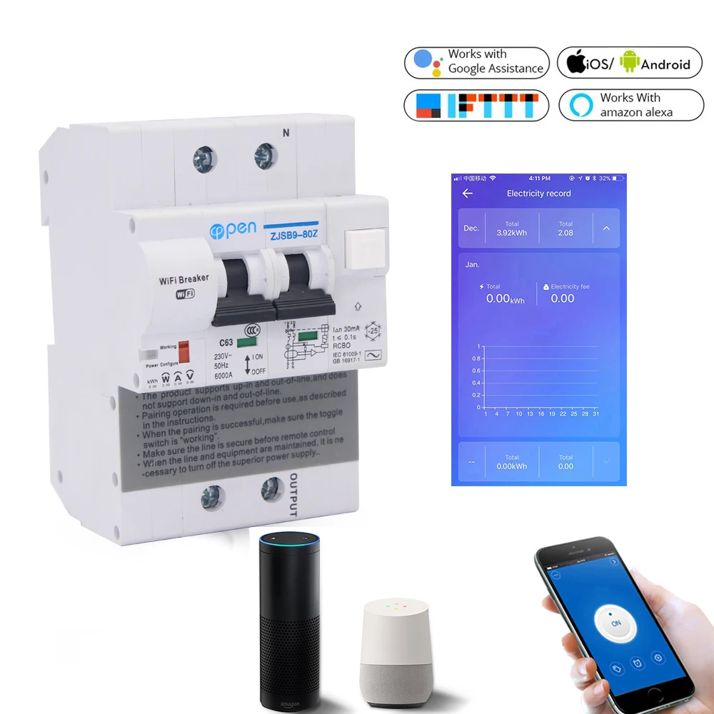 WIFI Smart RCBO residual current circuit breaker with Energy Monitoring compatible with Alexa ,Google Home for Smart Home RS485