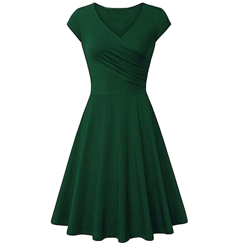 Fashion Elegant Dress Women Solid Color V Neck Short Sleeve Plated Swing Party Banquet Dress