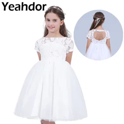 Yeahdor White Flower Girl Dresses Back Hollow Heart Shape First Communion Lace Dresses For Girls Princess Pageant Party Dress