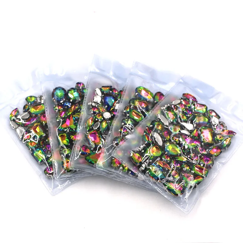 New arrival Wholesale 5 bags mixed shape sew on glass crystal Rainbow rhinestones for clothing/dress