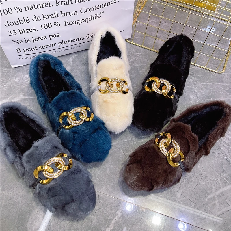 

Mink Fur Women Winter Warm Flats Casual Black Moccasins Chains Decor Espadrilles Driving Fur Shoes Woman Ballerine Loafers