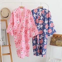 Spring Summer Japanese  Vietnamese Style Kimono Yukata Pajamas For Women Homewear Long Sleeve Cardigan Cotton