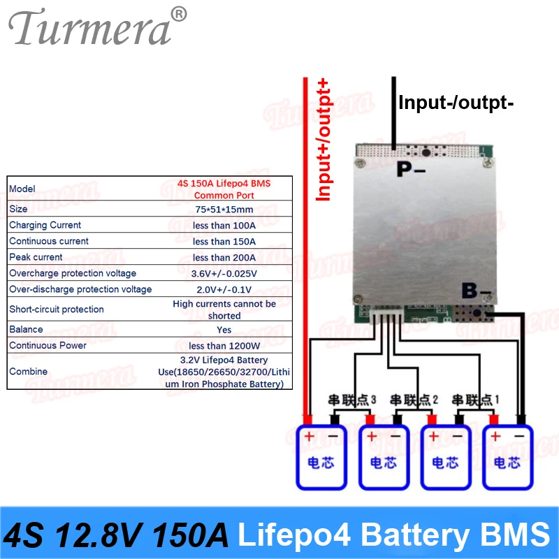 Turmera 4S 150A 50A 12,8V 14,4V 32700 Lifepo4 Bilans baterii BMS do panelu słonecznego lub łodzi elektrycznej Zasilanie nieprzerwane 12V