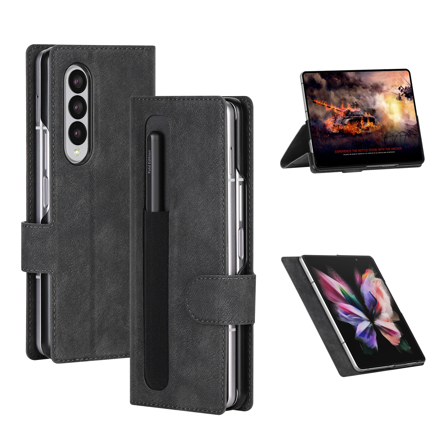 

For Samsung Galaxy Z Fold 3 5G Case with S Pen Holder Leather Galaxy Z Fold 3 Wallet Case Kickstand Shockproof Protective Cover