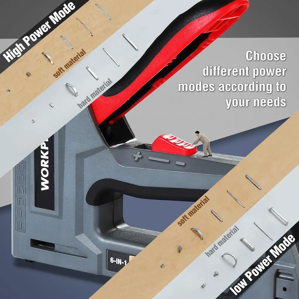 WORKPRO – Pistolet manuel à agrafes ou agrafeuse robuste pour la décoration, avec deux options de puissance, produit de bricolage 6 en 1 pour la fixation des matériaux