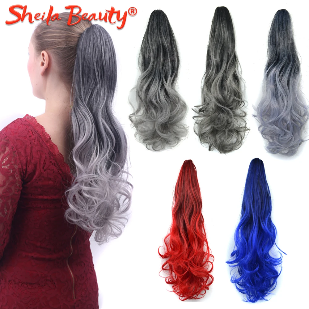 Ombre Grey Drawstring Ponytail Long Wavy Curly Overhead Ponytail Clip in Hair Extensions de cabello Natural Synthetic Hairpieces