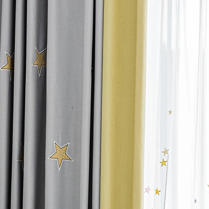 

Custom curtains modern Simplicity star cotton Splicing gray childrenroom blackout curtain livingroom bedroom tulle M1064