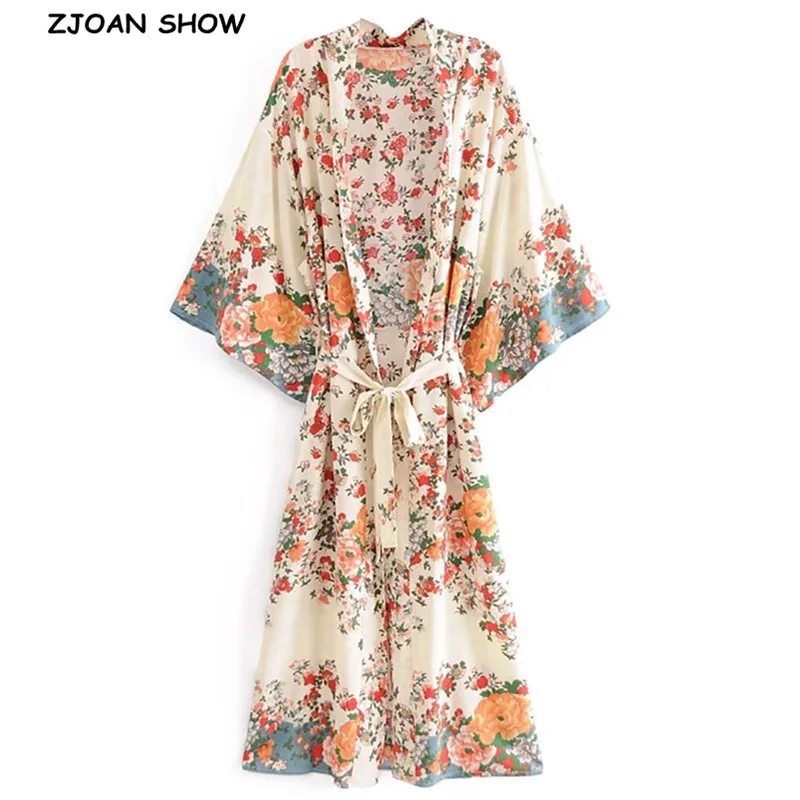 BOHO Location Floral Print Long Kimono Shirt Beige Hippie Women Lacing up Tie Bow Sashes Long Cardigan Loose Blouse Tops Holiday