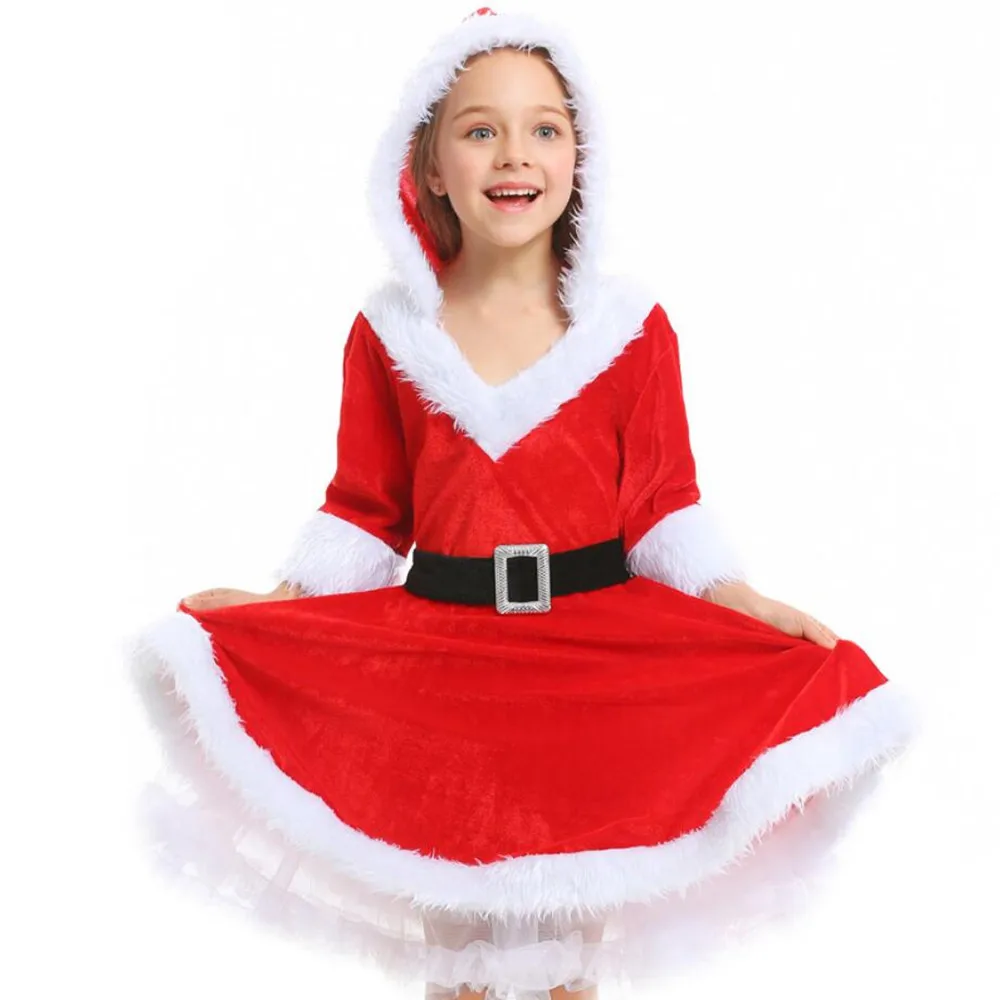 105cm-155cm Christmas Velvet Kids Girls Red Santa Claus Costume Fancy Hoodies Dress Christmas Party Xmas Cosplay Clothes