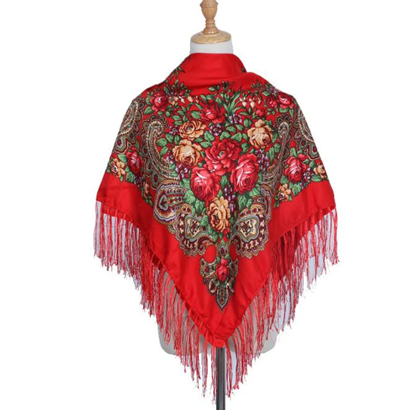 Autumn And Winter Cotton Russian National Style Scarf Printed Scarf women\'s New Square Multifunctional Fringed Shawl