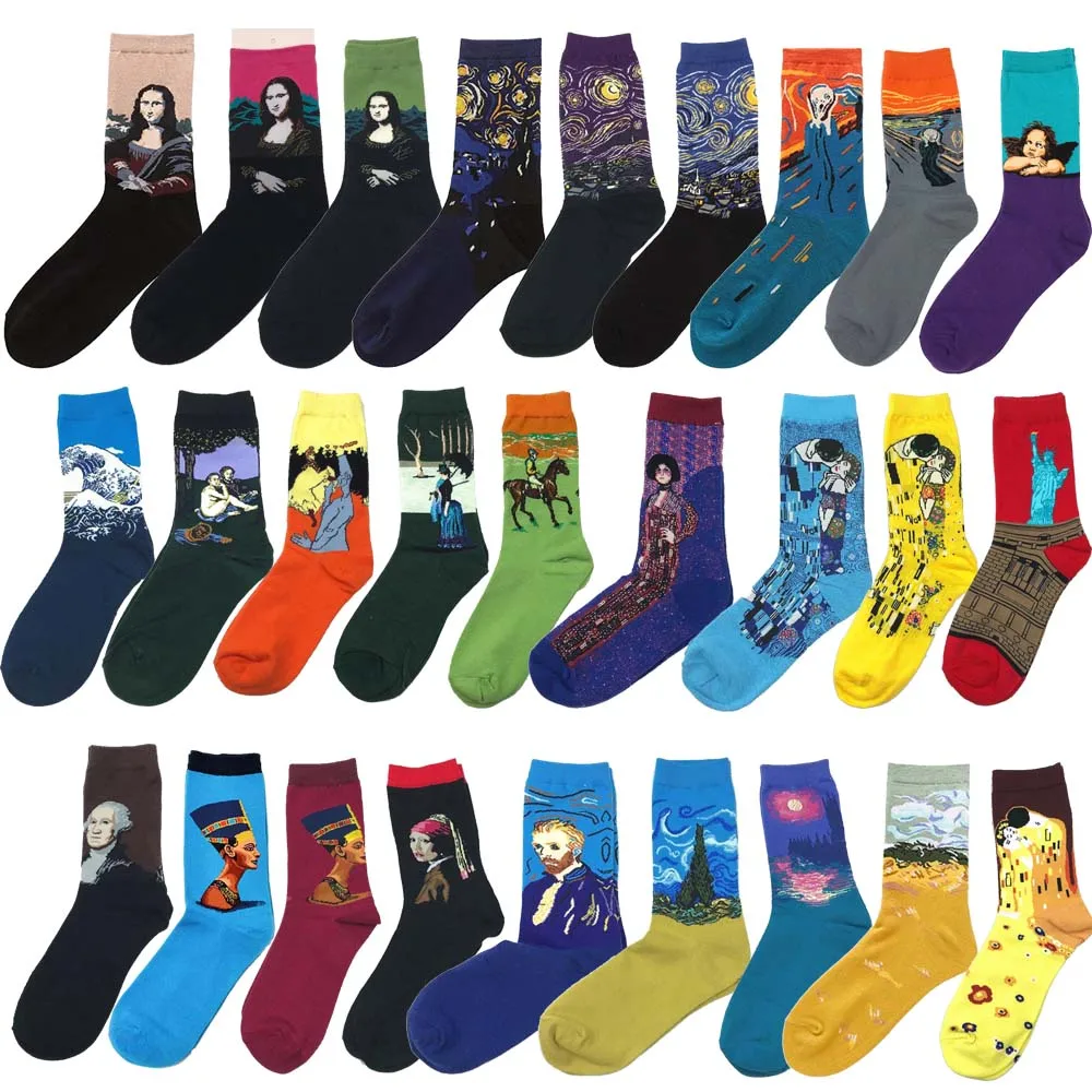 Men Cotton Retro Abstract Oil Painting Art Socks Shout Modern Van Gogh Starry Night Happy Oil Painting Skateboard Sock