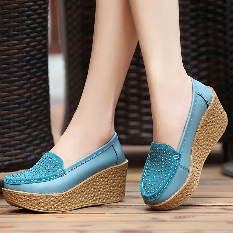 Genuine Leather Wedge Platform Shoes Ladies Slip On Crystal Flat Shoes High Heel 7cm Thick Sole Shallow Flats Casual Shoes