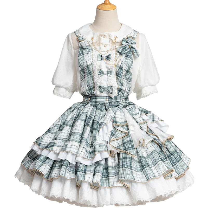 Sweet lolita dress vintage bowknot cute  plaid high waist princess victorian kawaii girl Suspender skirt gothic lolita cos loli