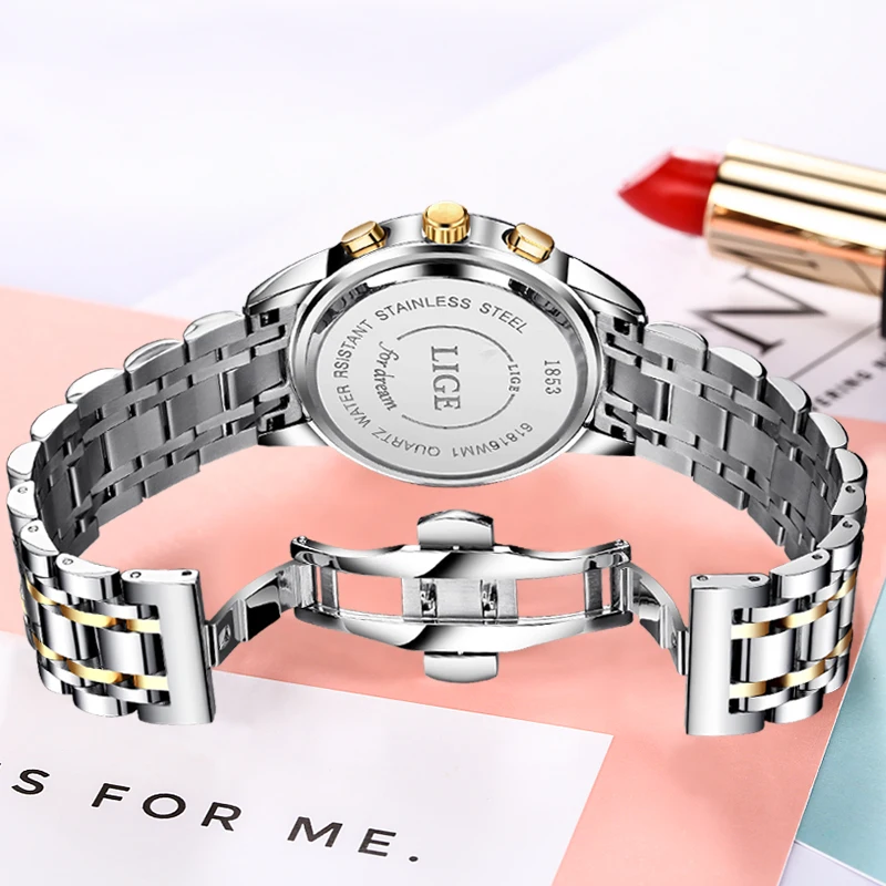 LIGE – montre de luxe en or Rose pour femmes, à Quartz, étanche, à la mode