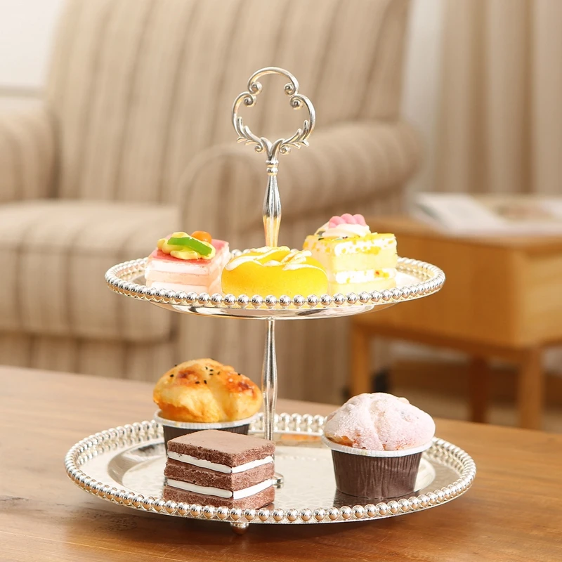 Gold Plating Round Alloy Two-tier Cake Fruit Tray European Home Wedding DIY Party Tabletop Decor Silver Square Metal Candy Dish 2