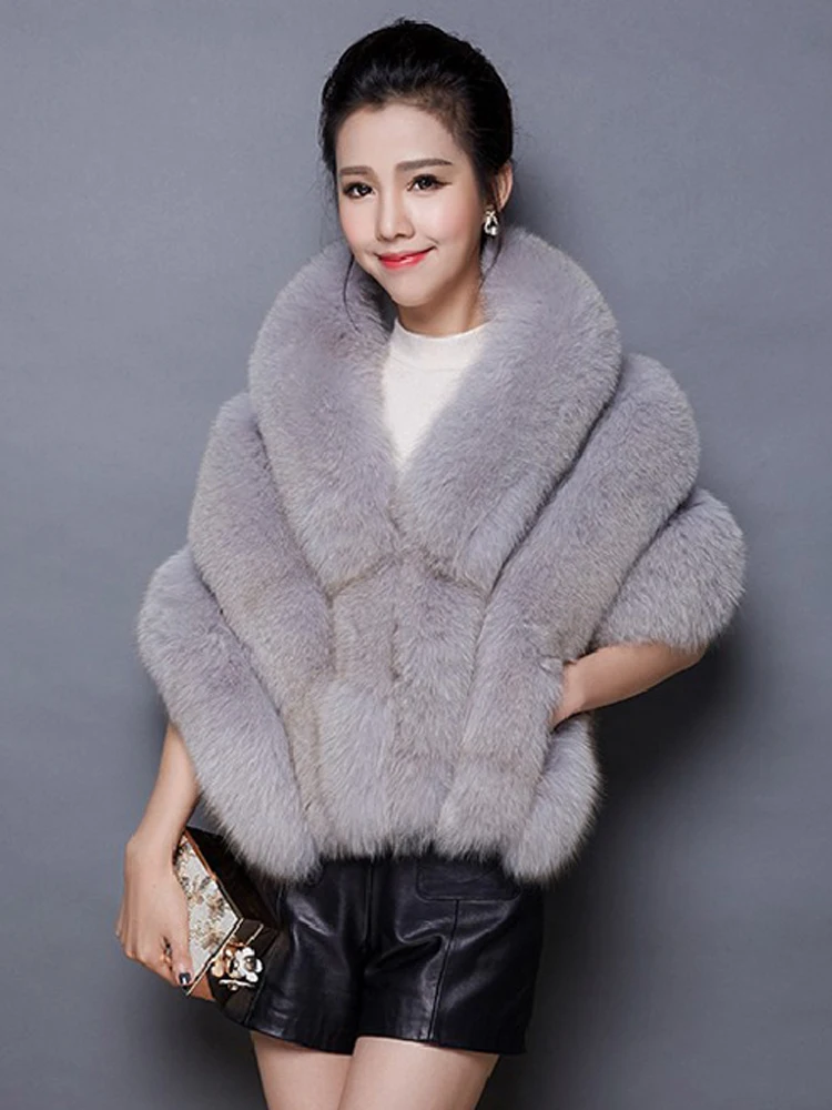 winter scarves woman faux fox fur coat fur shawl jackets for women cloak with pocket white,pink,gray women\'s winter jacket