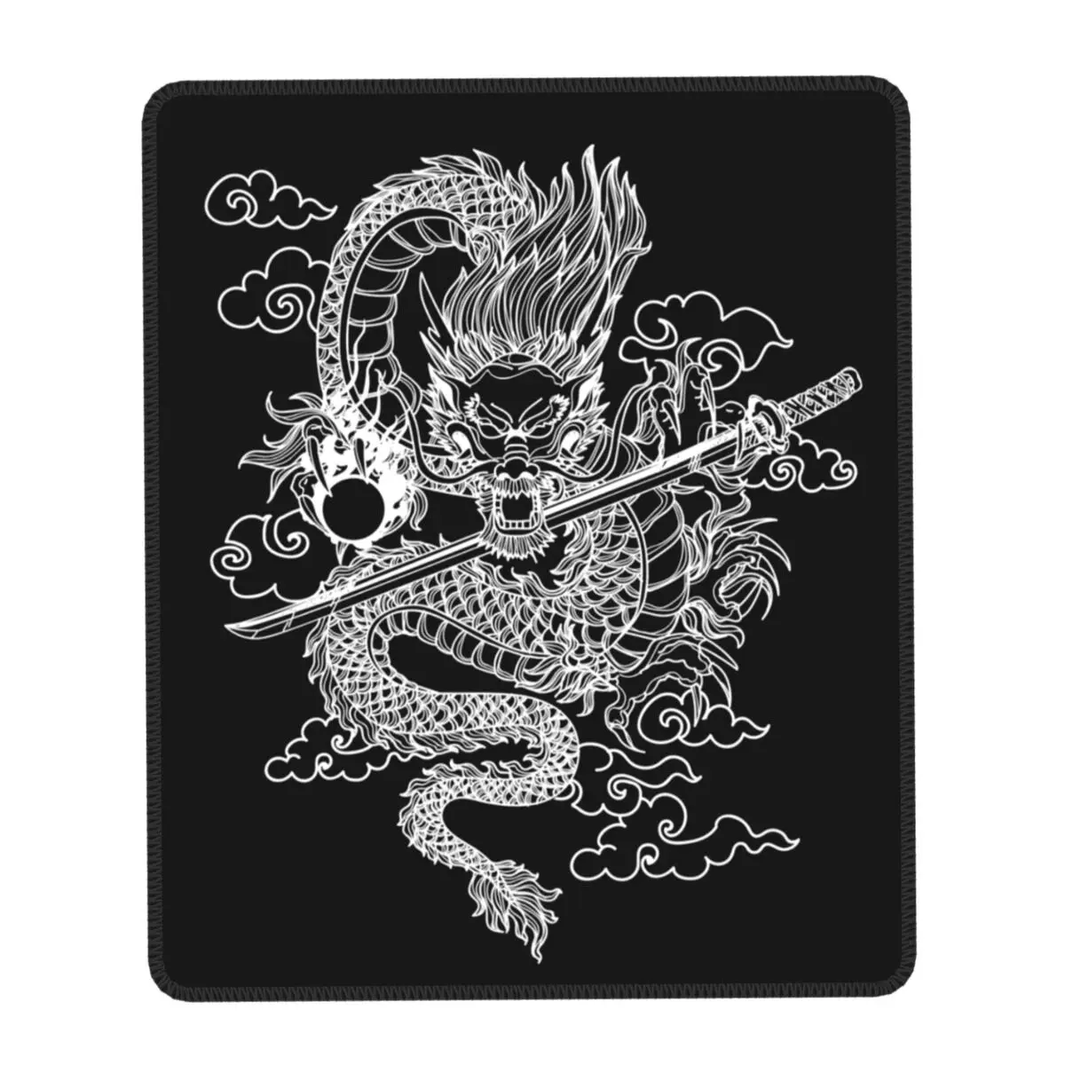 White Chinese Dragon Laptop Mouse Pad Square Mousepad with Stitched Edge Anti-Slip Rubber Mythical Monster Mouse Pads for Gaming