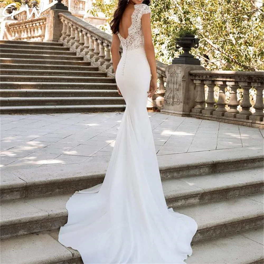 Moderne Satin Spitze Meerjungfrau Hochzeit Kleid Klassische V-ausschnitt Braut Roben Backless Gericht Zug Braut Kleider Vestido De Noiva