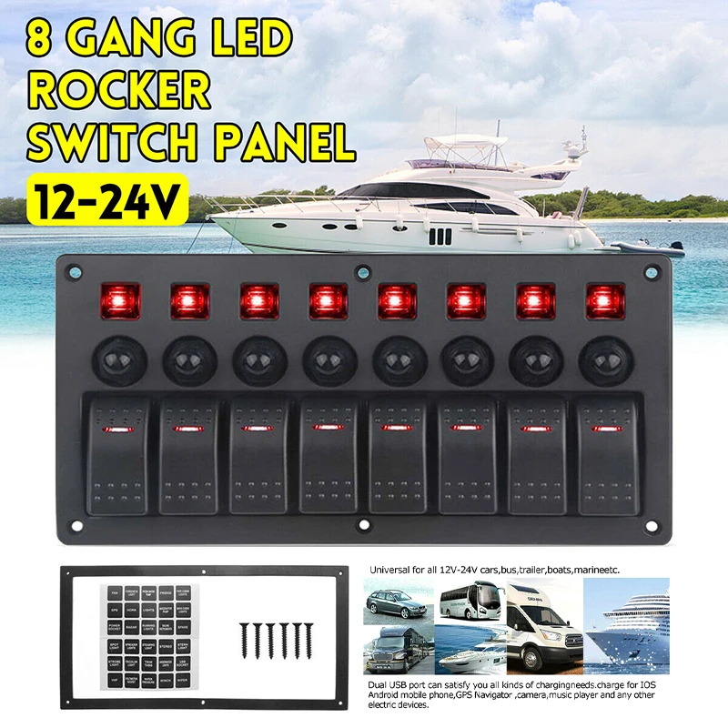 

New 8 Gang 12-24V Rocker Switch Panel Toggle Circuit Breaker for Car Marine Boat Marine Switch Panel