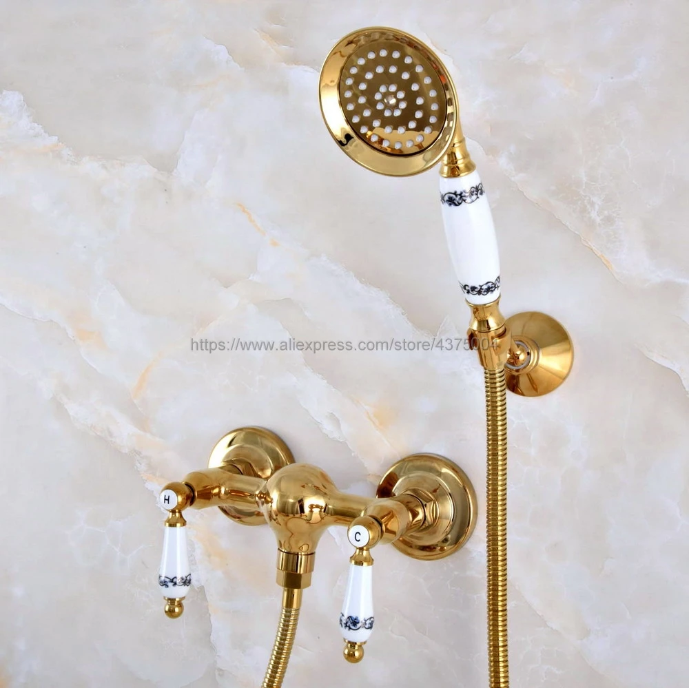 Imagem -05 - Ouro de Bronze Fixado na Parede do Banheiro Bacia Mixer Torneira com Chuveiro de Mão Cabeça & Torneira do Chuveiro Nna982 Cor do