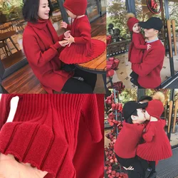 Red Sweater Family Parent-child Dress Autumn and Winter Mother and Daughter Photo Dress for A Family of Three or Christmas