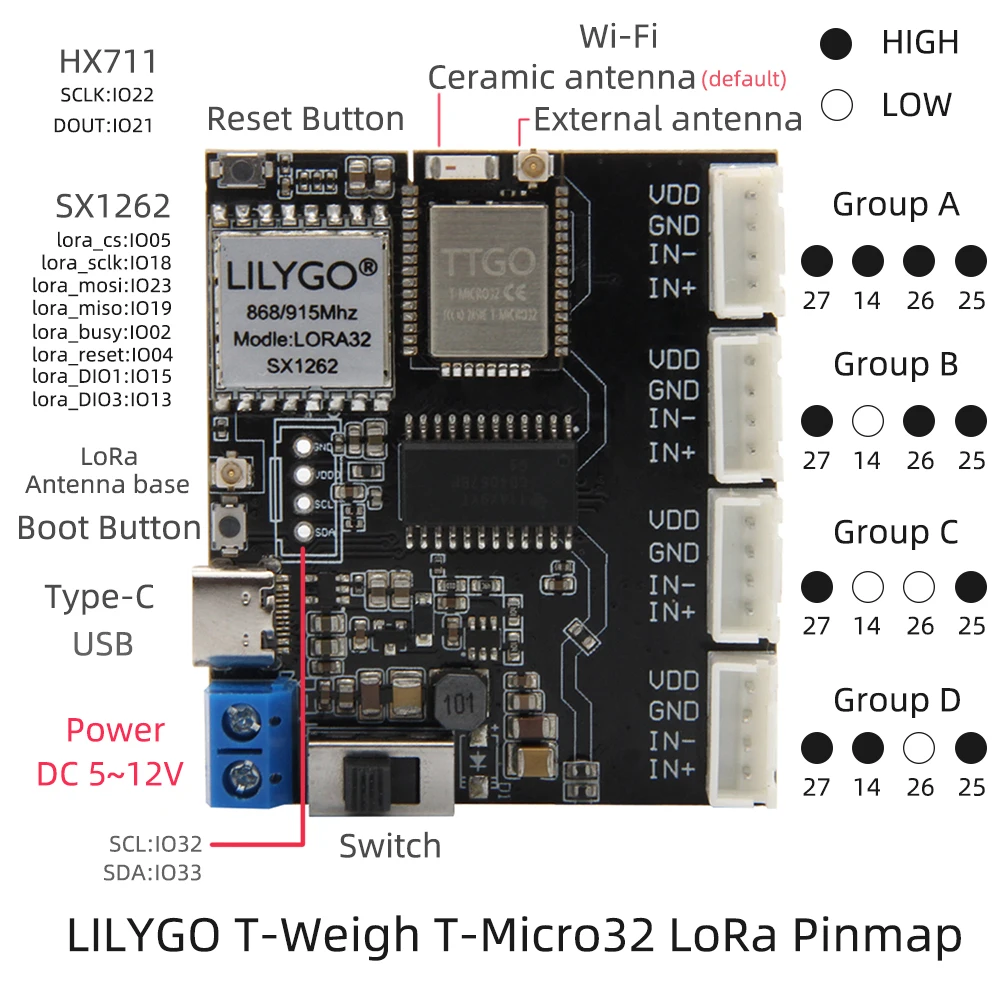 ليليغو®TTGO T-وزن لورا T-Micro32 وزنها 4-Way HX711 SX1262 ESP32 IOT حساسية عالية