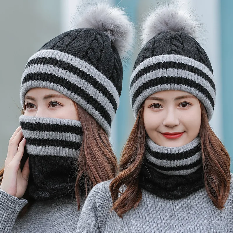 2020 New Brand Women's hat Knitted Wool Winter Hats with Scarf Stripped Thick and Warm Beanie Big Pompoms Lovely Cap