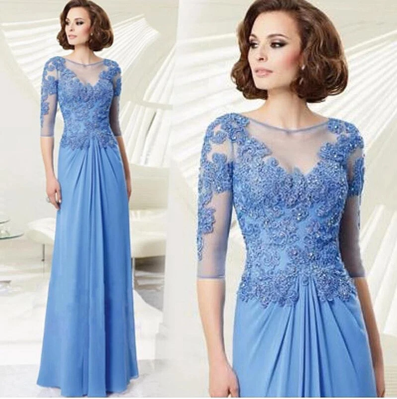 Céu azul mãe da noiva vestidos a linha meia mangas chiffon apliques frisado longo noivo mãe vestidos de casamento