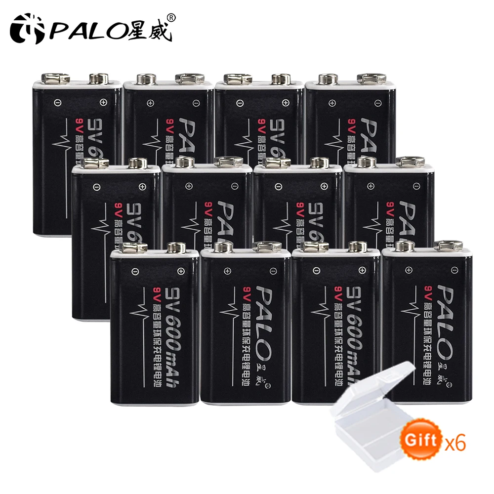 

12Pcs PALO 9V Battery li-ion 600mAh NIMH 6F22 9V Rechargeable Batteries Baterias For Smoke detectors Wireless Microphones