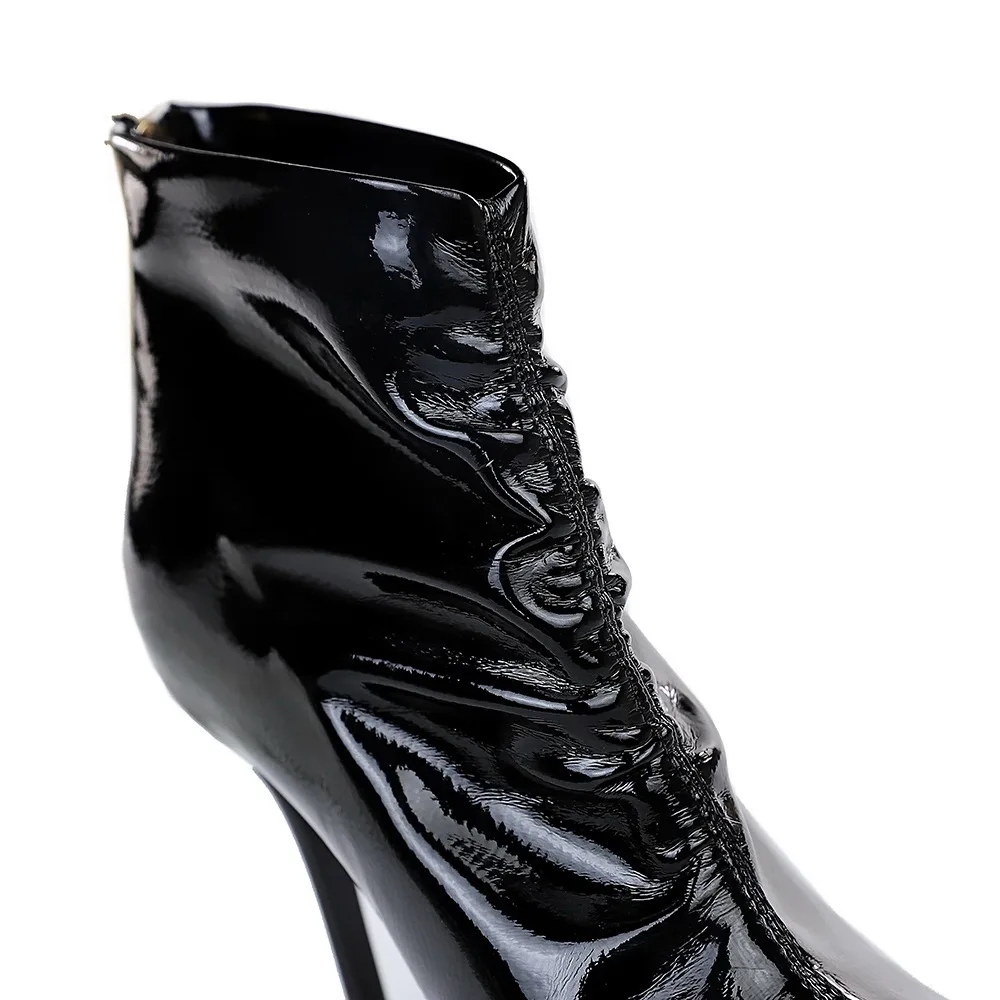 Women Pointed Toe Patent Leather Boots Thin Heels Boot Winter High Heel Ankle Boots