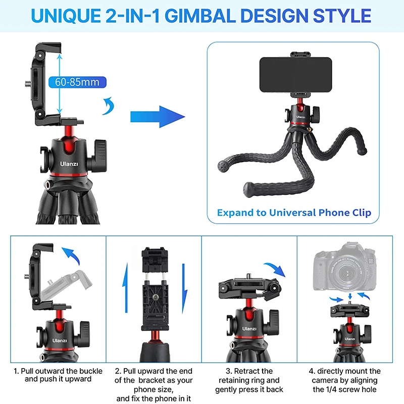 VIJIM Ulanzi MT-33 Flexibles Oktopus-Stativ für Telefonkamera, DSLR, 2-in-1-Design, Stativ mit Telefonhalter, seitlicher Kaltschuh, 1/4 Zoll Schraube