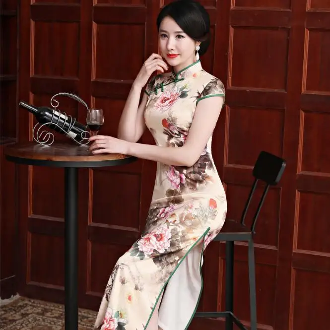 New Arrival Women's Silk Long Cheongsam Fashion Chinese Style Dress Elegant Slim Qipao Tang Clothing Size S M L XL XXL