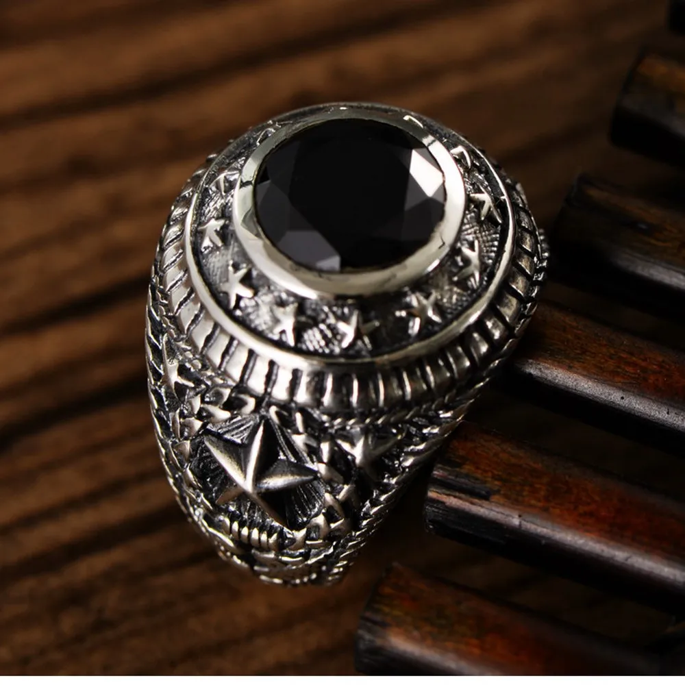 BOCAI New S925 Pure Silver Jewelry Ethnic Style Fashion Five-Pointed Star Peace and Freedom Black Agate Man Ring Wholesale