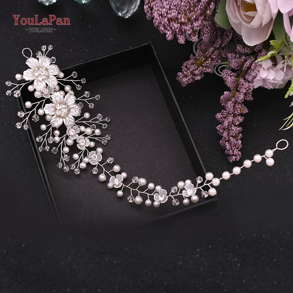 TOPQUEEN HP295 Pearl Bridal Hair Accessories Silver Diamond Headpiece Resin Flower Bride Headband Bridal Hair Jewelry