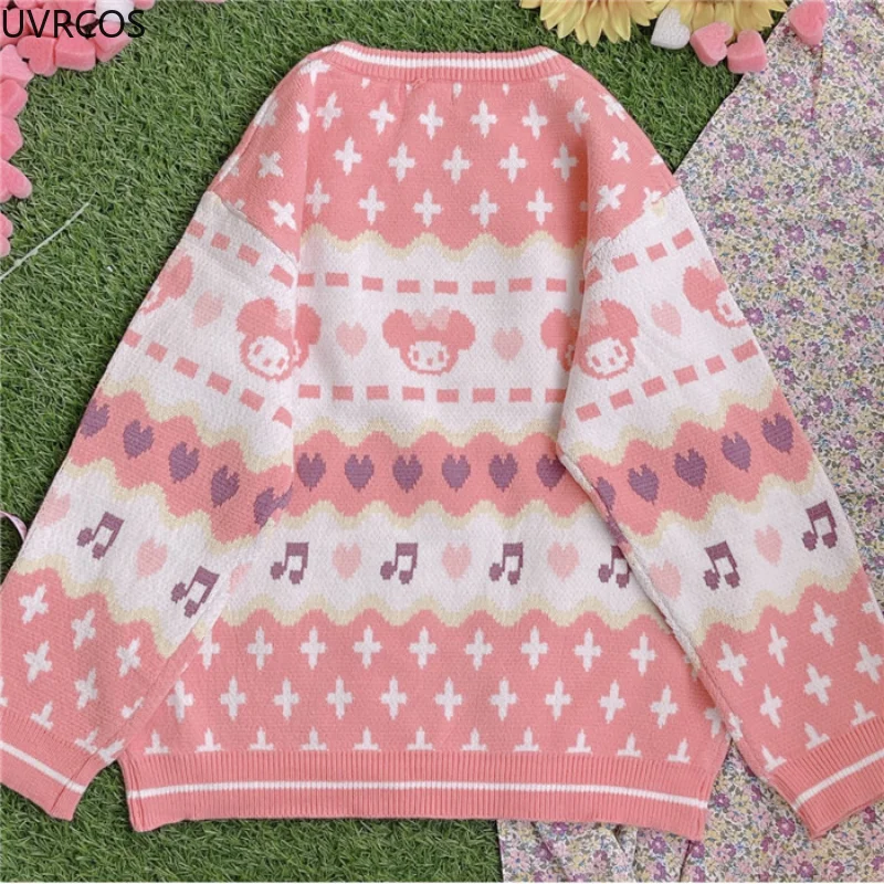 Japanese Sweet Lolita Knitted Pullovers Girls Long Sleeve Strawberry Bear Knit Sweater Autumn Winter Women Pink Warm Jumper Tops