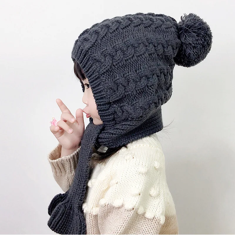 Kids Winter Hat Scarf One-Piece Pompom Baby Bonnet Infant Beanie Hats for Girls Boys Snow Warm Knit Children Cap 1-7Y