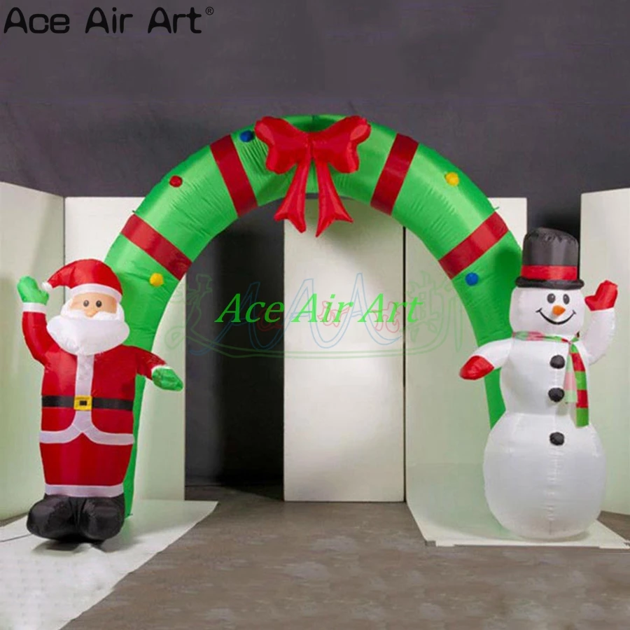 Inflatable Santa Claus and Snowman Arch, Red and Green with Bow, Christmas Archway Party Decorations