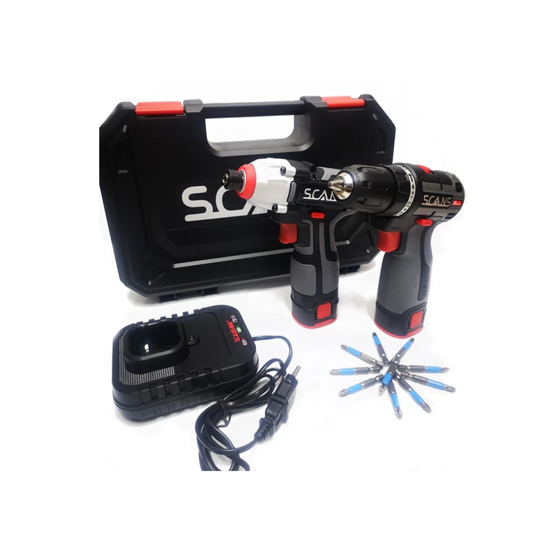 12V 16V Electric Brushless Drill and Cordless Impact Screwdriver Combo Kit Power Tools By SCANS with Li-ion Batteries Toolcase