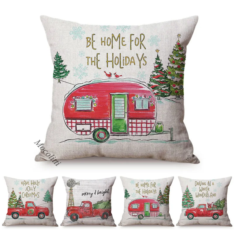 Rural Style Christmas Decorative Pillow Case Christmas Tree Vintage Car Print Sofa Decoration Cotton Linen Cushion Cover cojines