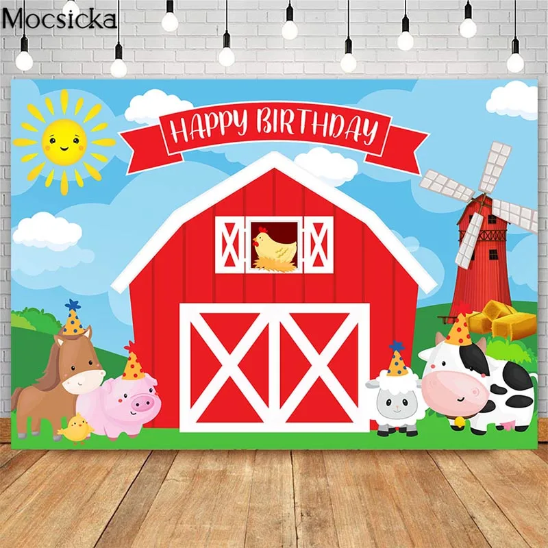 MOCSICKA Red Barn Farm Kid Birthday Photography Backdrop Animal Dessert Table Decoration Customize Background Newborn Photobooth