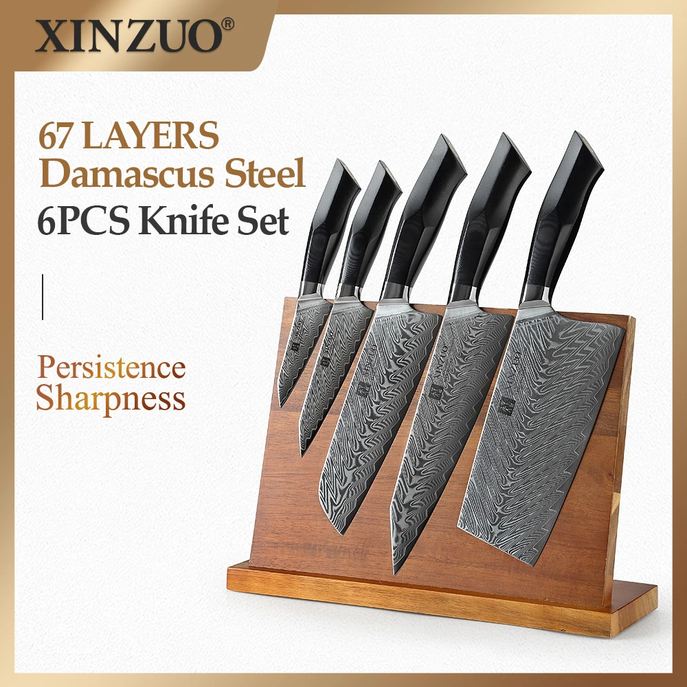 

XINZUO 6PCS Kitchen Knives Set Natural Acacia Wood Magnetic Knife Holder VG10 Damascus Best Sharp Cutting Meat Cooking Knife Set