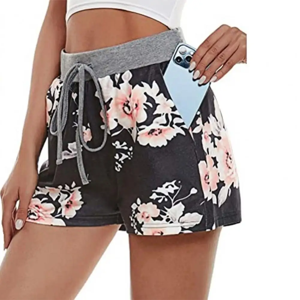 Pantalones cortos con estampado de flores para mujer, Shorts de cintura alta, elásticos, con Bolsillos y cordón, ropa de calle para verano